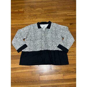 Flax Womens Blouse Size Medium Black White Floral 1/2 Button Collared Tunic Top